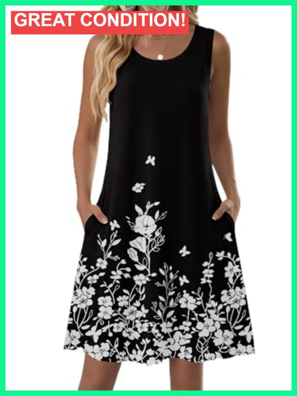 Sleeveless Floral Tshirt Sundress with Pockets Loose Tank Beach Dress